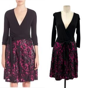 Diane Von Furstenberg Jewel Wrap Dress Floral Embroidered Black Pink Size 8